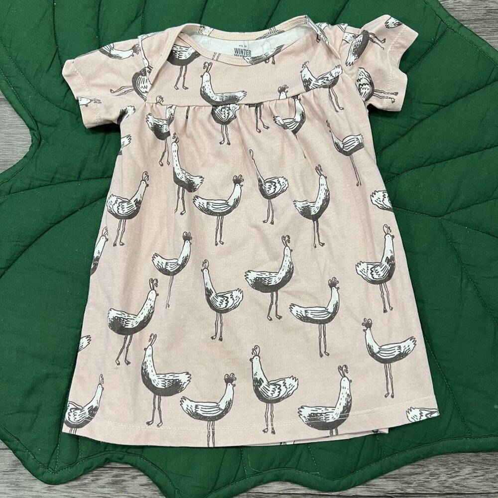 Winter Water Factory 12M Pink Bird Parade Lap Neck Short Sleeve Dress Organic